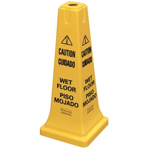 Cono de seguridad multilingüe Rubbermaid de 25,75 pulgadas "Precaución para suelo mojado", amarillo